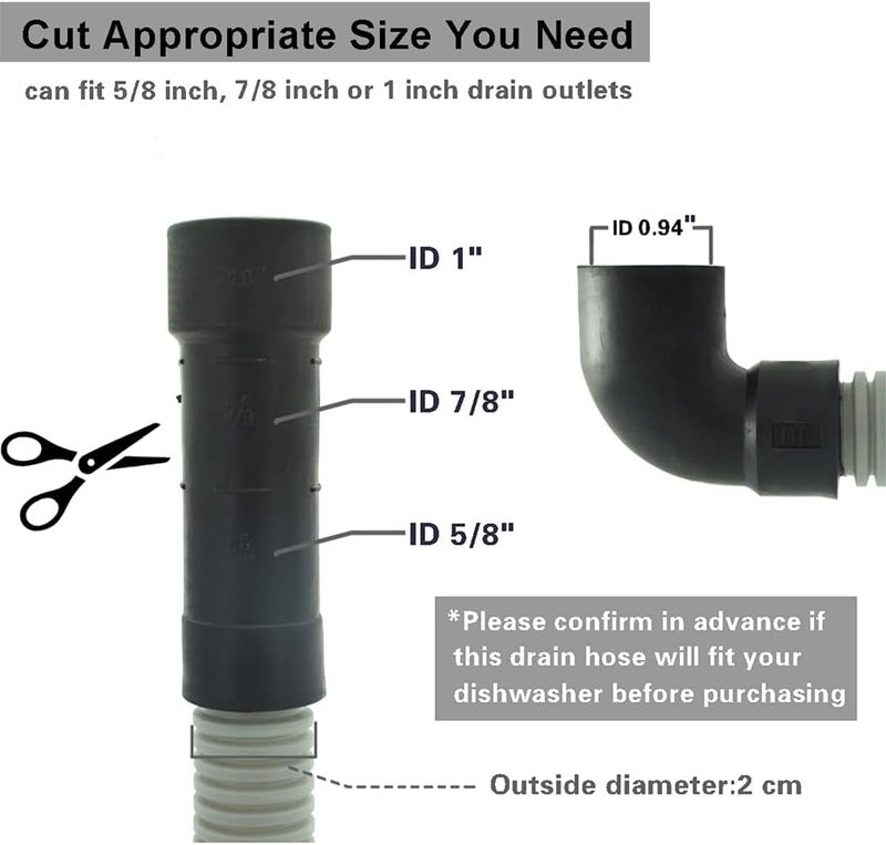 TT FLEX Dishwasher Drain Hose with ID 0.94 inch Elbow, 8 FT Flexible Dishwasher Discharge Hose with Clamps, Trim to Fit 5/8 Inch, 7/8 Inch, or 1 Inch OD Outlets - Image 2